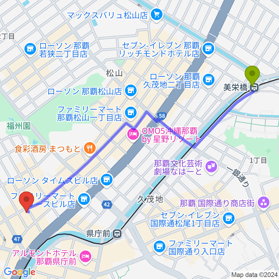 美栄橋駅から那覇トップノートへのルートマップ地図