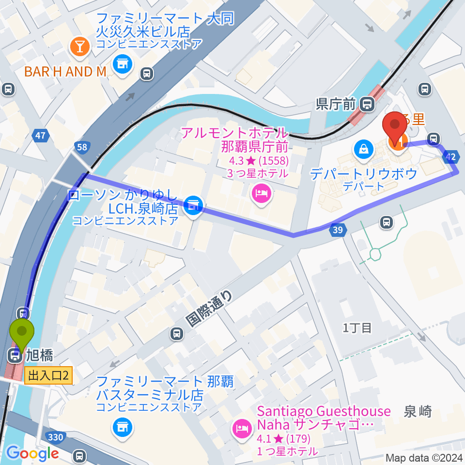 旭橋駅からパレット市民劇場へのルートマップ地図