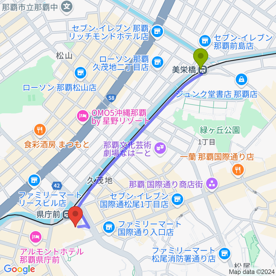 美栄橋駅からパレット市民劇場へのルートマップ地図