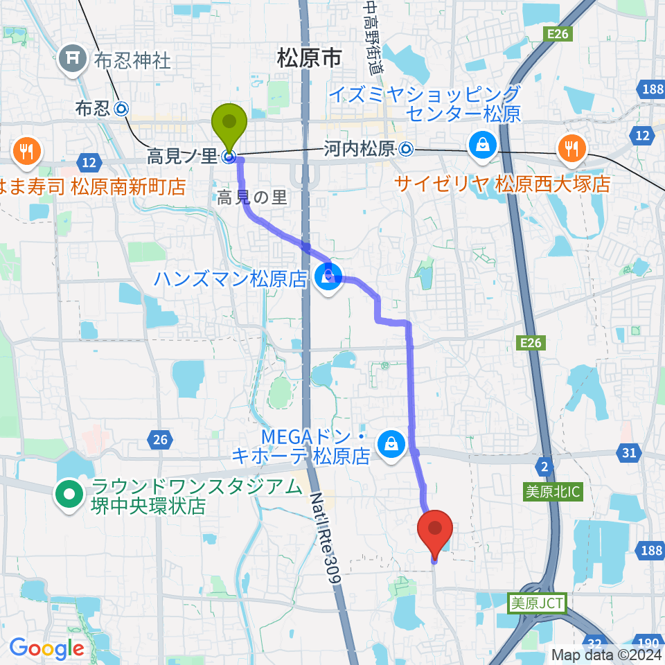 高見ノ里駅からBar South or Northへのルートマップ地図