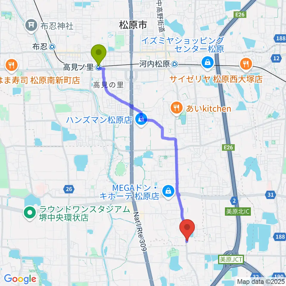 高見ノ里駅からBar South or Northへのルートマップ地図