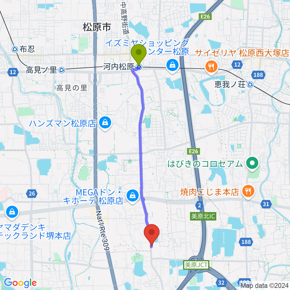 Bar South or Northの最寄駅河内松原駅からの徒歩ルート（約39分）地図