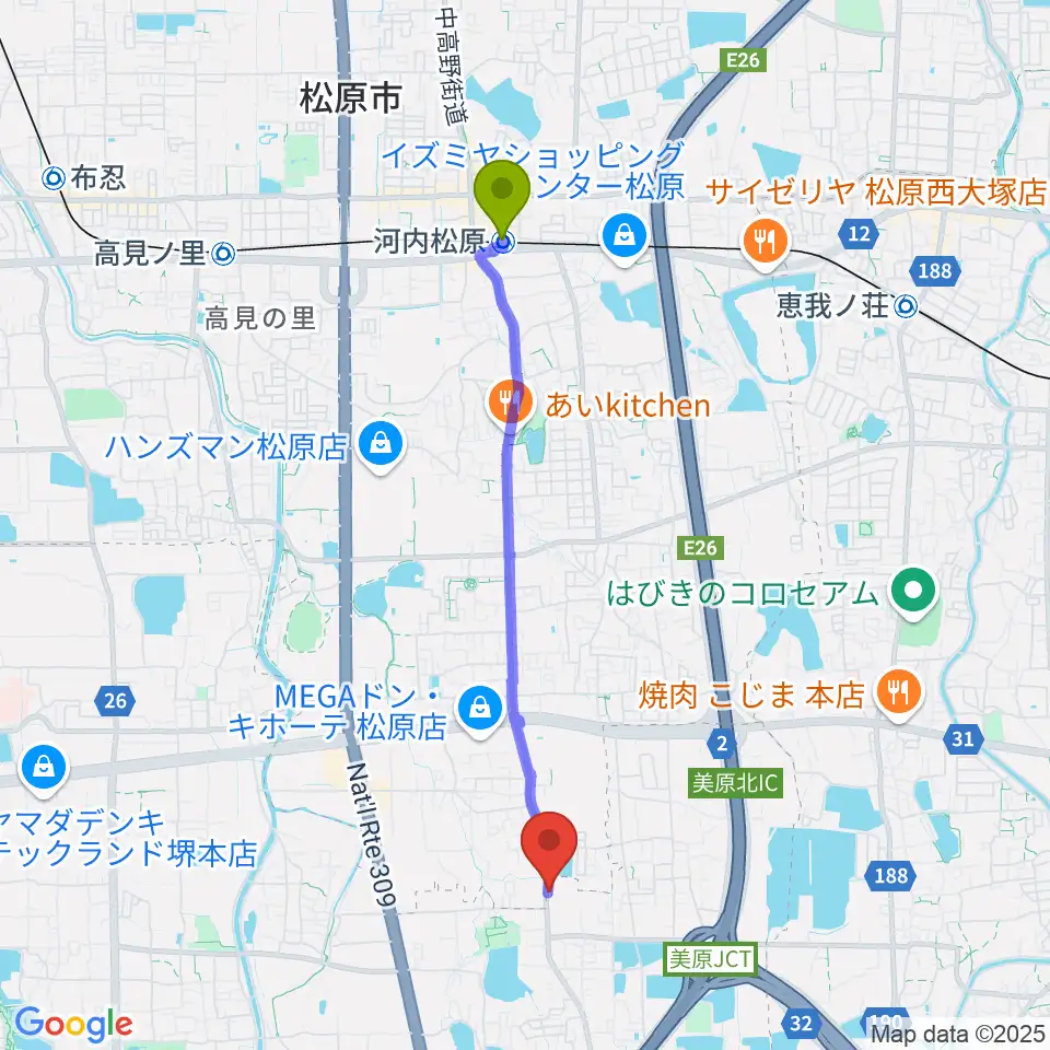 Bar South or Northの最寄駅河内松原駅からの徒歩ルート（約39分）地図