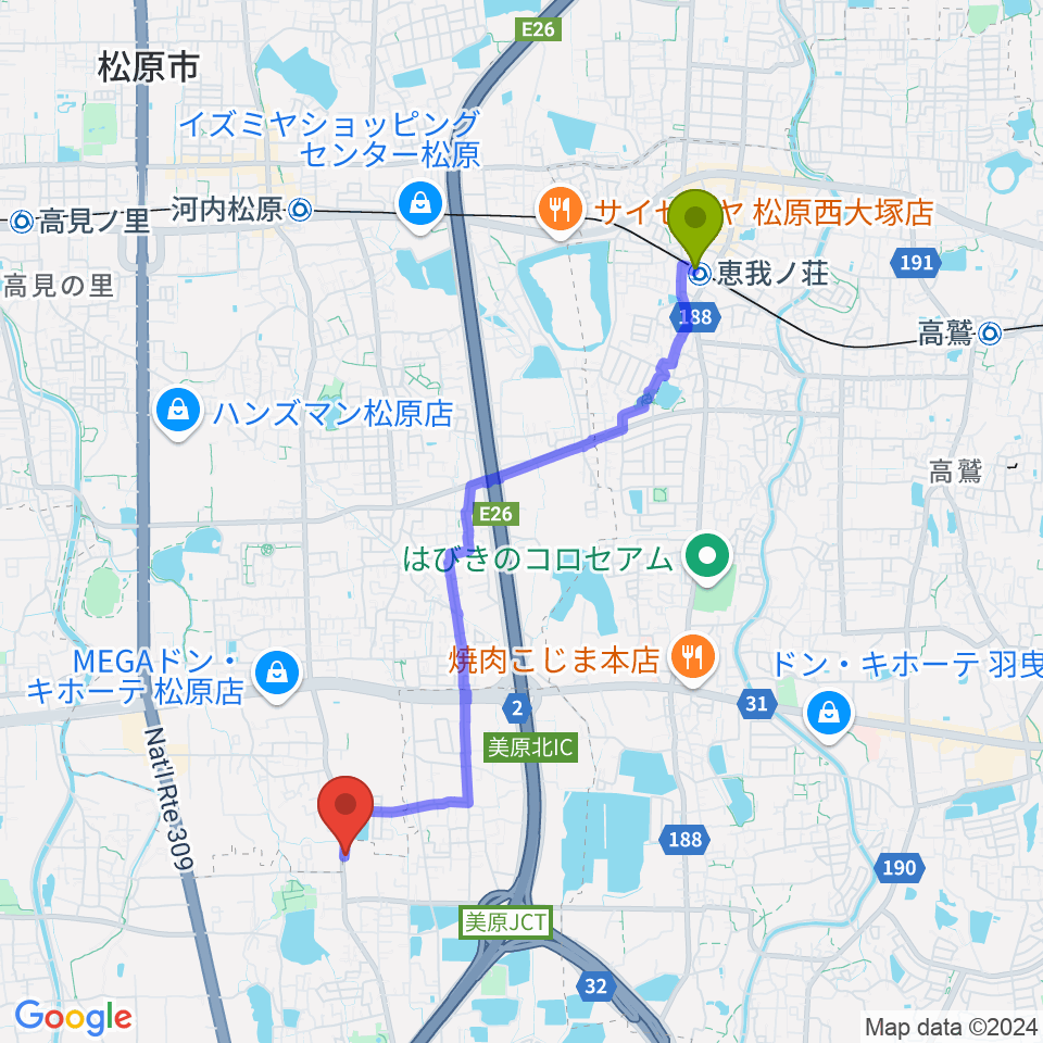 恵我ノ荘駅からBar South or Northへのルートマップ地図