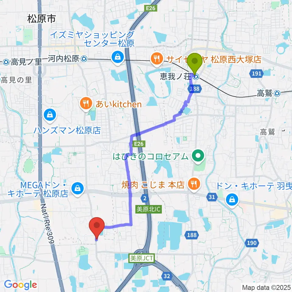 恵我ノ荘駅からBar South or Northへのルートマップ地図