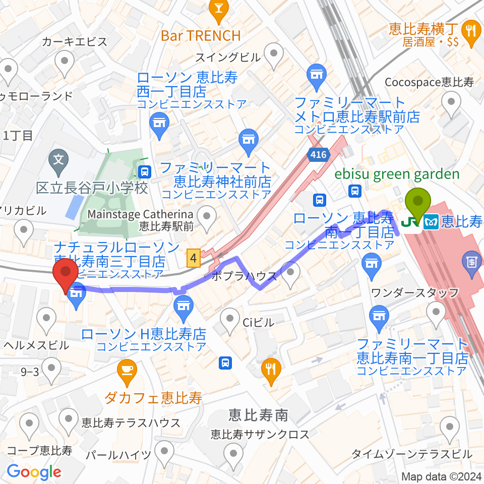 恵比寿BATICAの最寄駅恵比寿駅からの徒歩ルート（約6分）地図