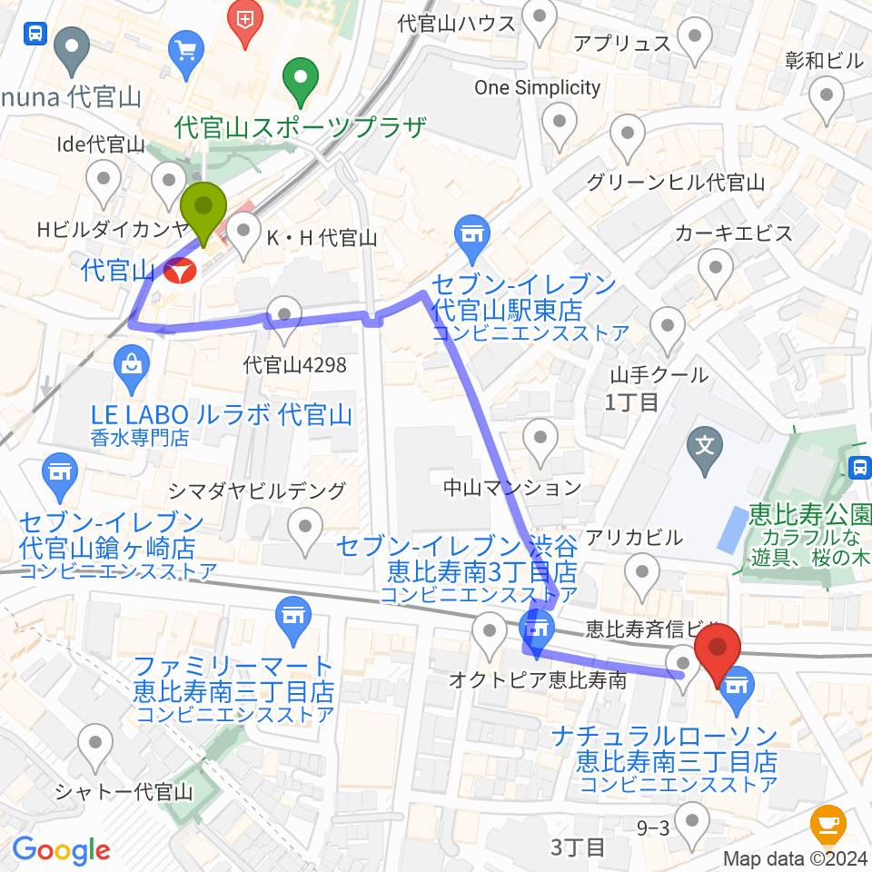 代官山駅から恵比寿BATICAへのルートマップ地図