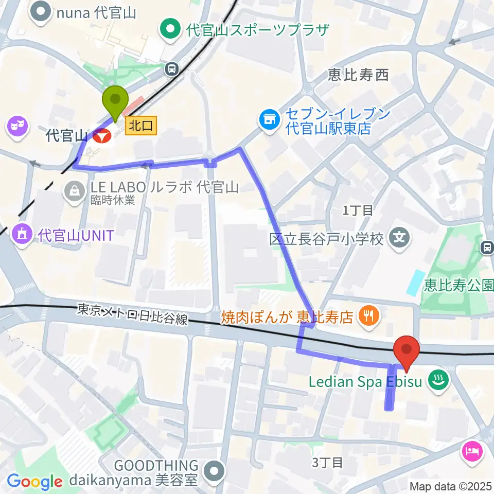 代官山駅から恵比寿BATICAへのルートマップ地図