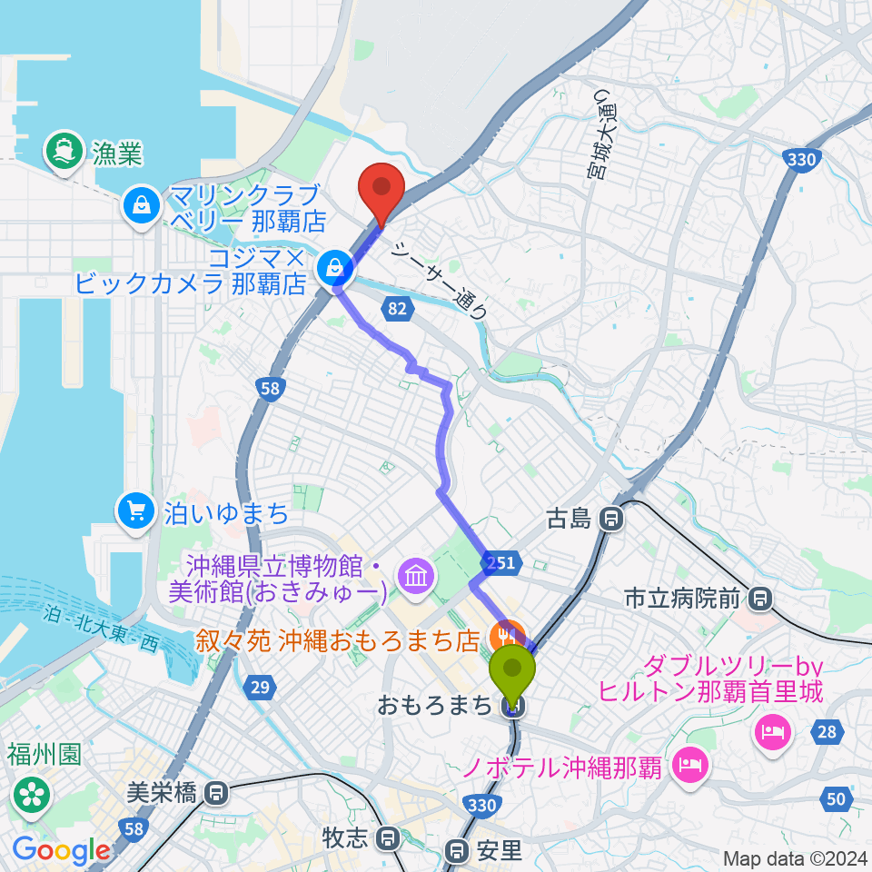 おもろまち駅から浦添grooveへのルートマップ地図