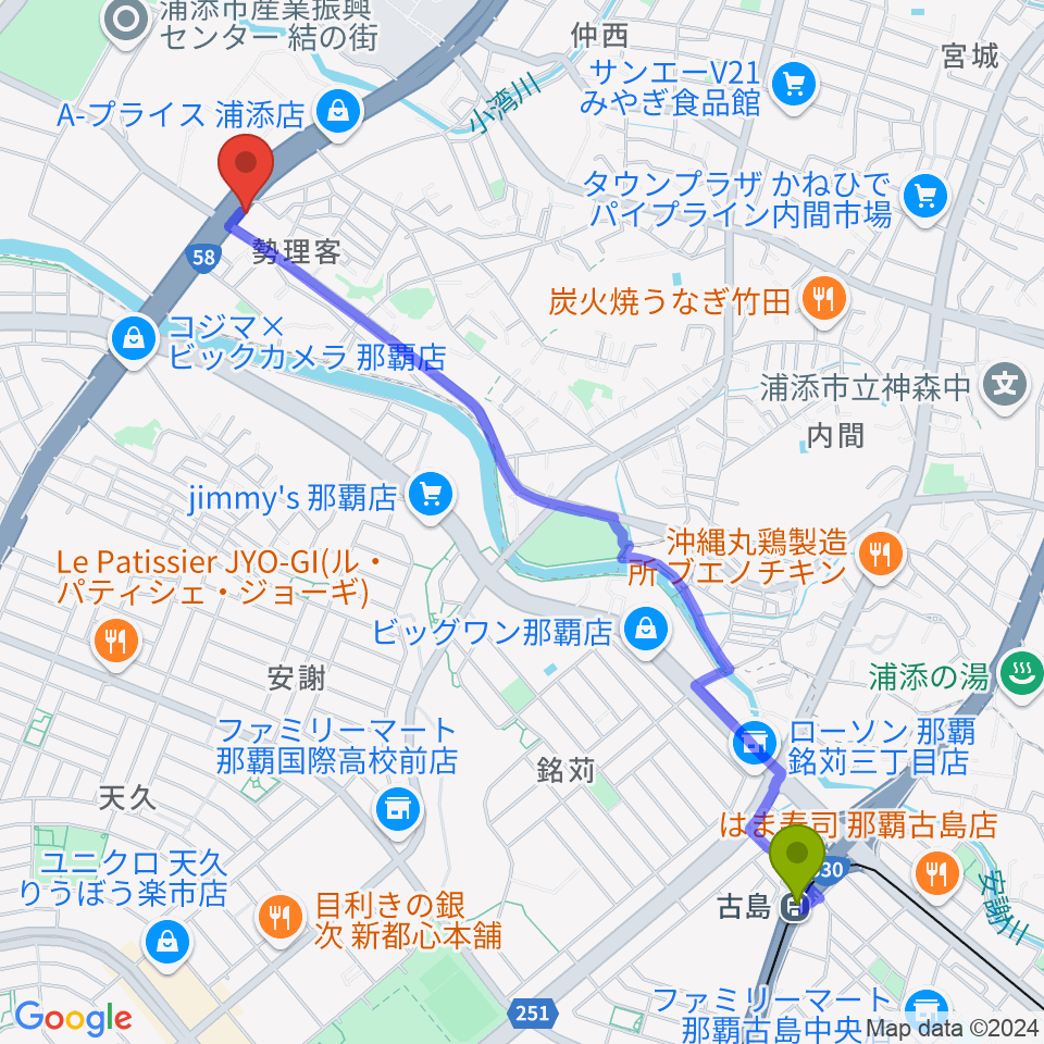 浦添grooveの最寄駅古島駅からの徒歩ルート（約29分）地図