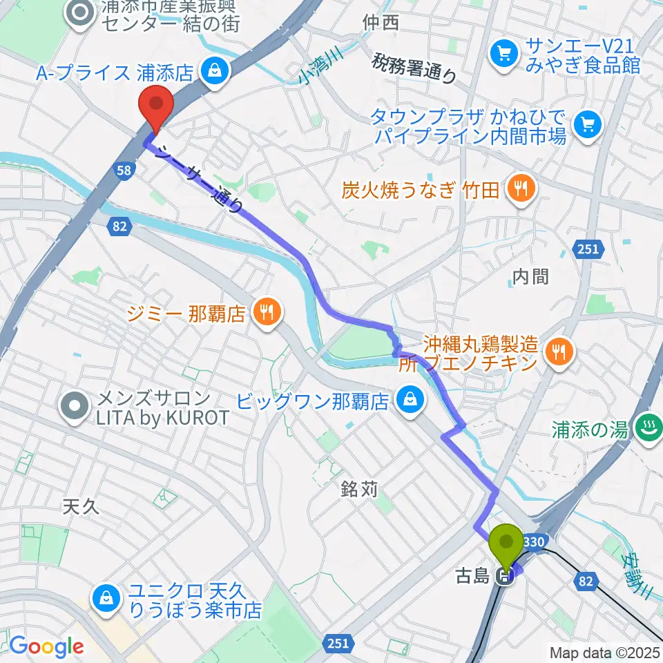 浦添grooveの最寄駅古島駅からの徒歩ルート（約29分）地図