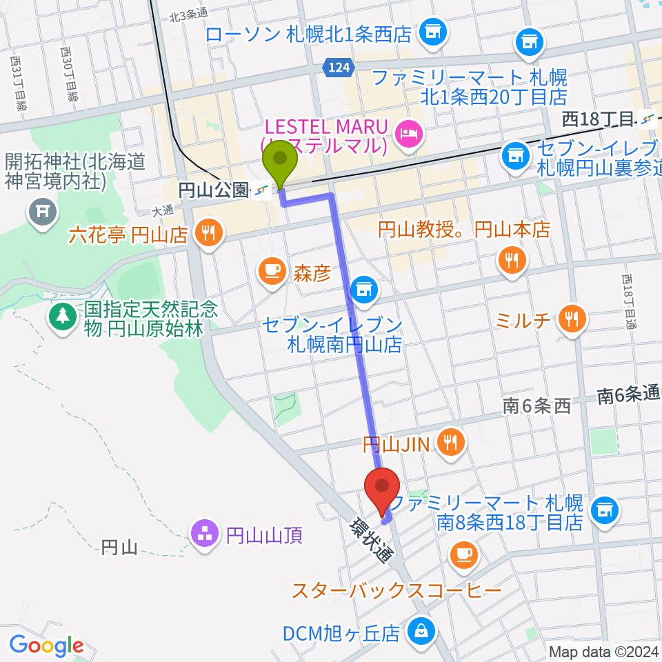 中古楽器専門店QUESTの最寄駅円山公園駅からの徒歩ルート（約14分）地図