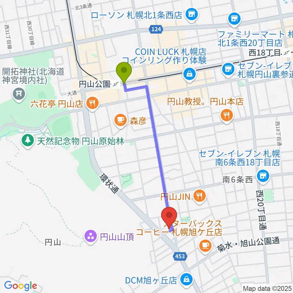 中古楽器専門店QUESTの最寄駅円山公園駅からの徒歩ルート（約14分）地図