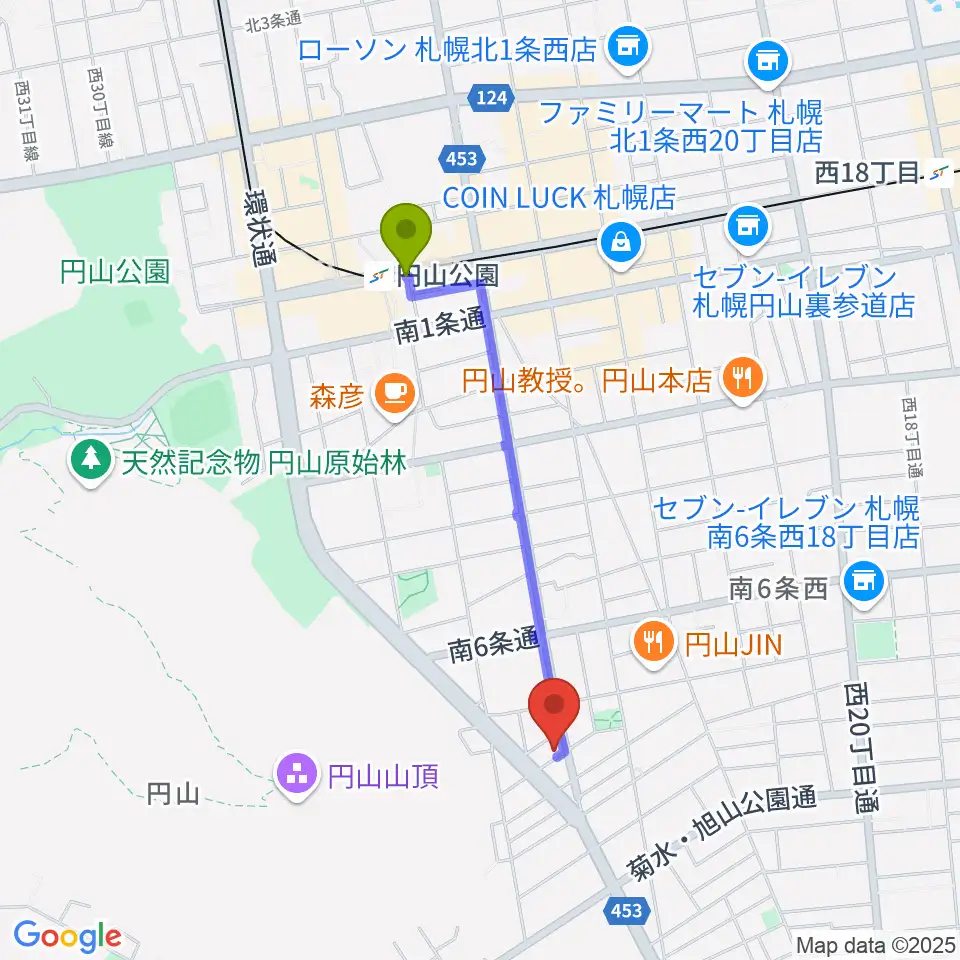 中古楽器専門店QUESTの最寄駅円山公園駅からの徒歩ルート（約14分）地図