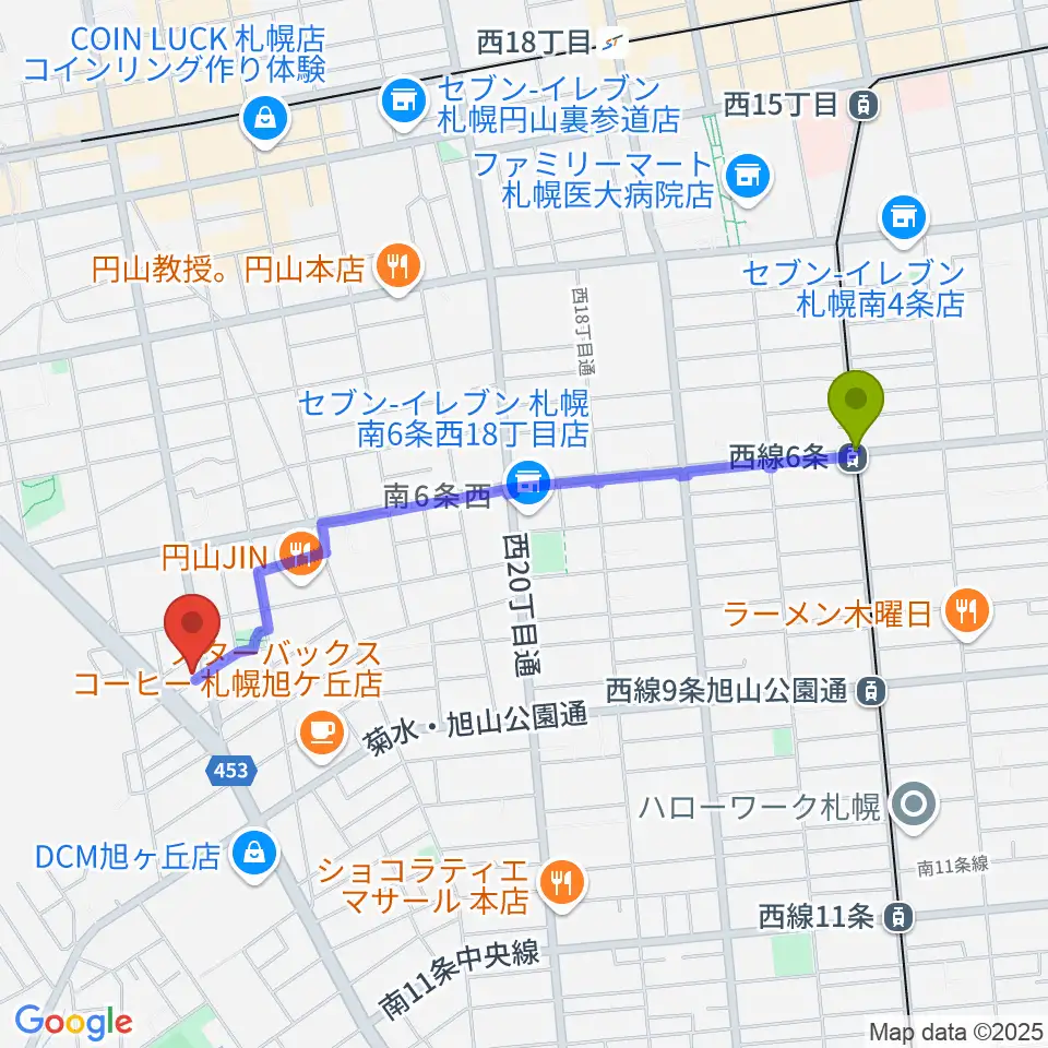 西線６条駅から中古楽器専門店QUESTへのルートマップ地図