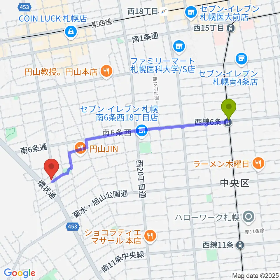 西線６条駅から中古楽器専門店QUESTへのルートマップ地図