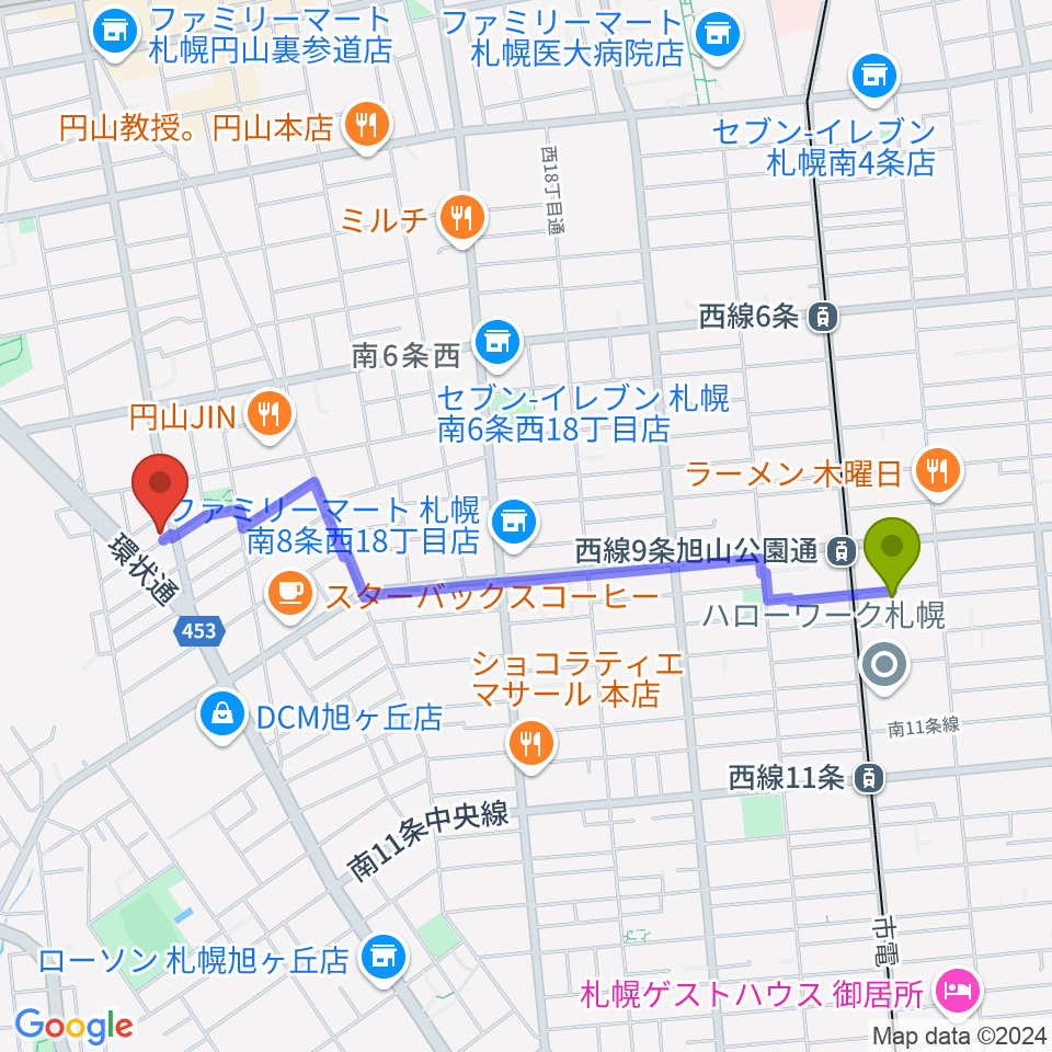 西線９条旭山公園通駅から中古楽器専門店QUESTへのルートマップ地図