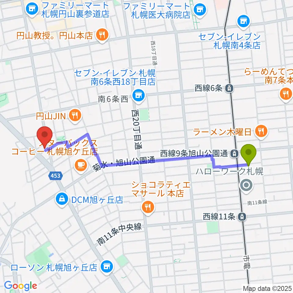 西線９条旭山公園通駅から中古楽器専門店QUESTへのルートマップ地図