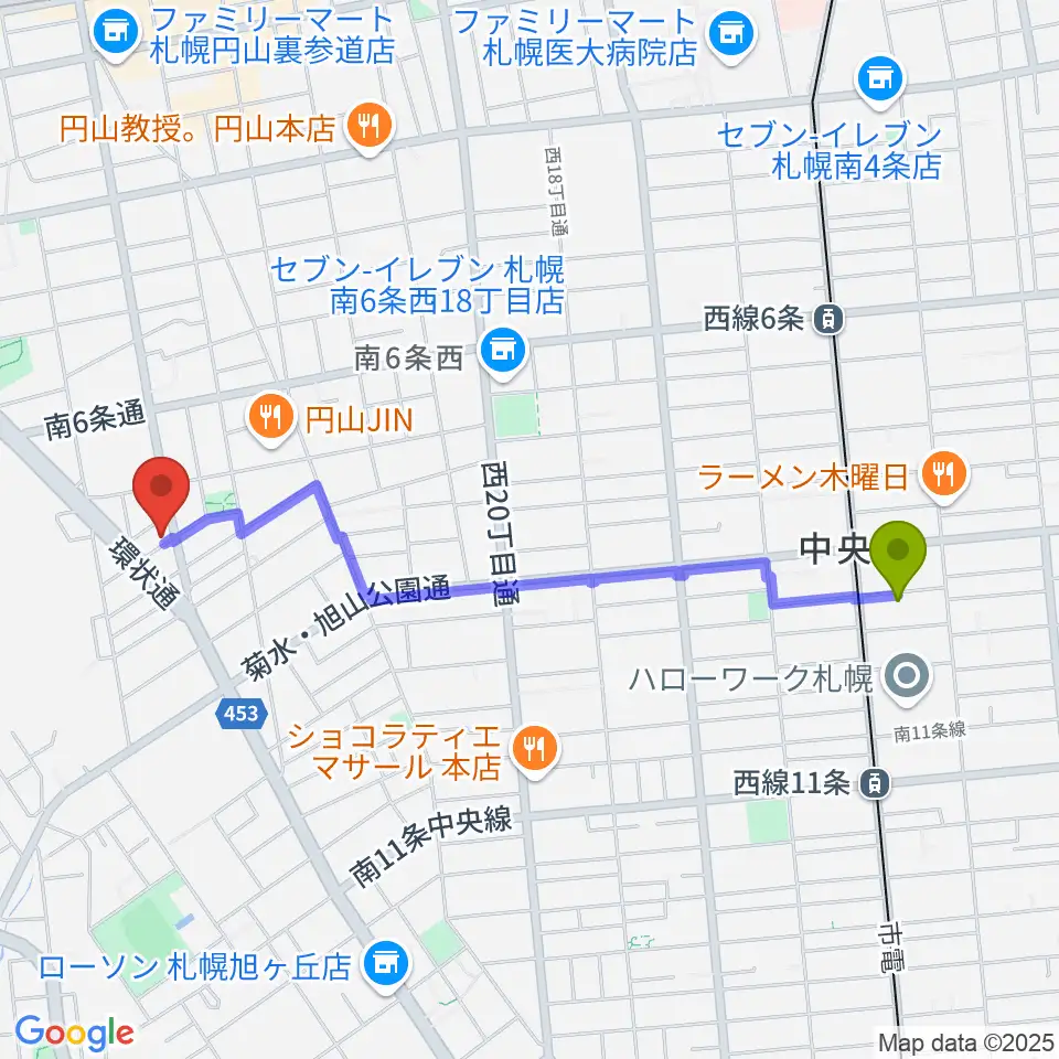 西線９条旭山公園通駅から中古楽器専門店QUESTへのルートマップ地図