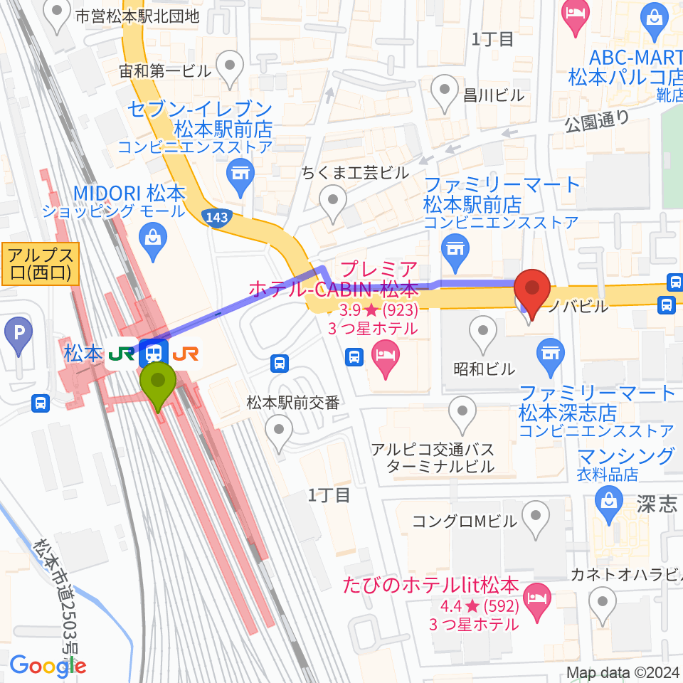 ミュージックプラザオグチの最寄駅松本駅からの徒歩ルート（約4分）地図