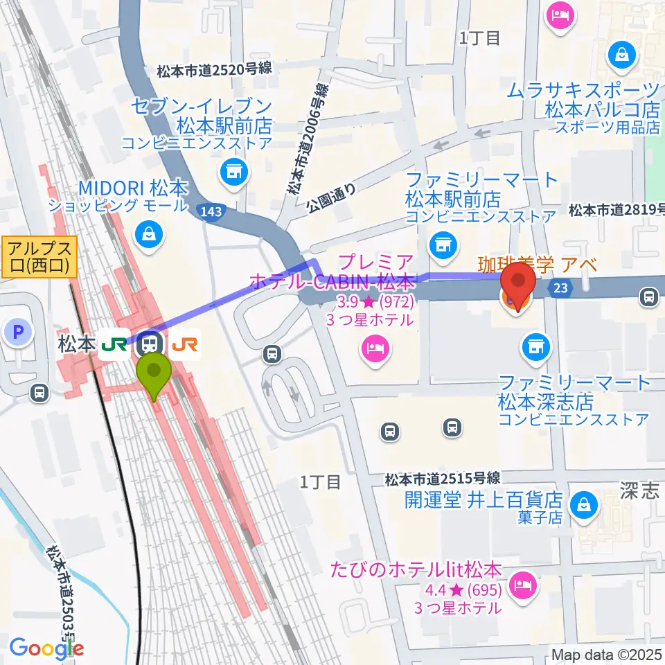 ミュージックプラザオグチの最寄駅松本駅からの徒歩ルート（約4分）地図