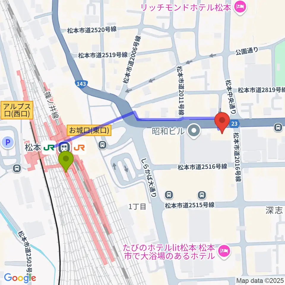 ミュージックプラザオグチの最寄駅松本駅からの徒歩ルート（約4分）地図