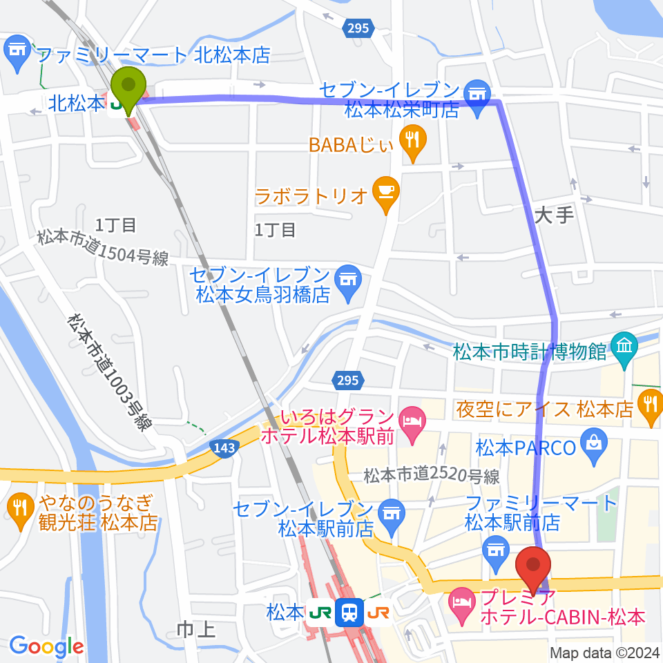 北松本駅からミュージックプラザオグチへのルートマップ地図