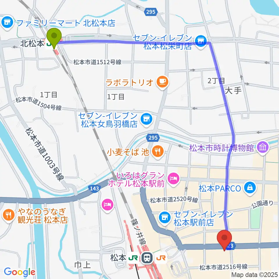 北松本駅からミュージックプラザオグチへのルートマップ地図