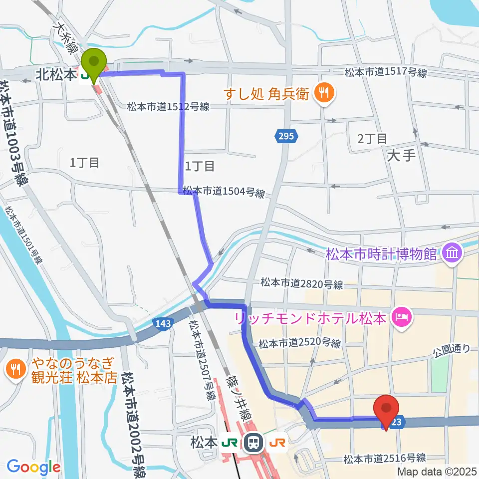 北松本駅からミュージックプラザオグチへのルートマップ地図