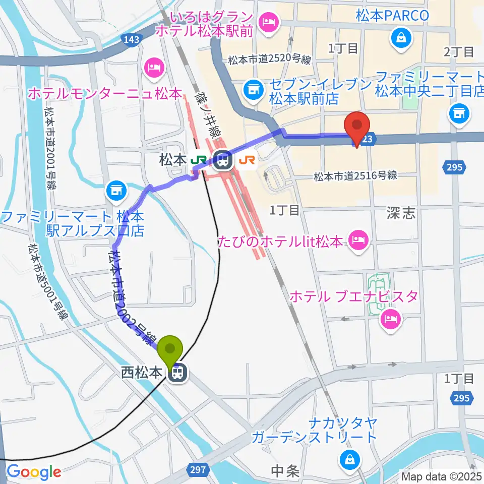 西松本駅からミュージックプラザオグチへのルートマップ地図