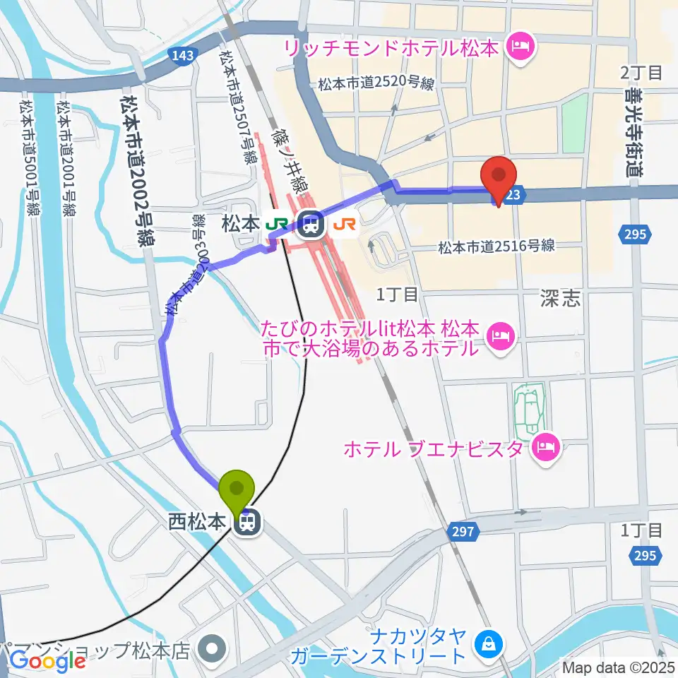 西松本駅からミュージックプラザオグチへのルートマップ地図