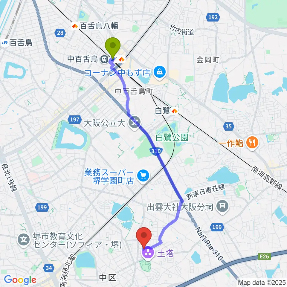 中百舌鳥駅から土塔庵へのルートマップ地図