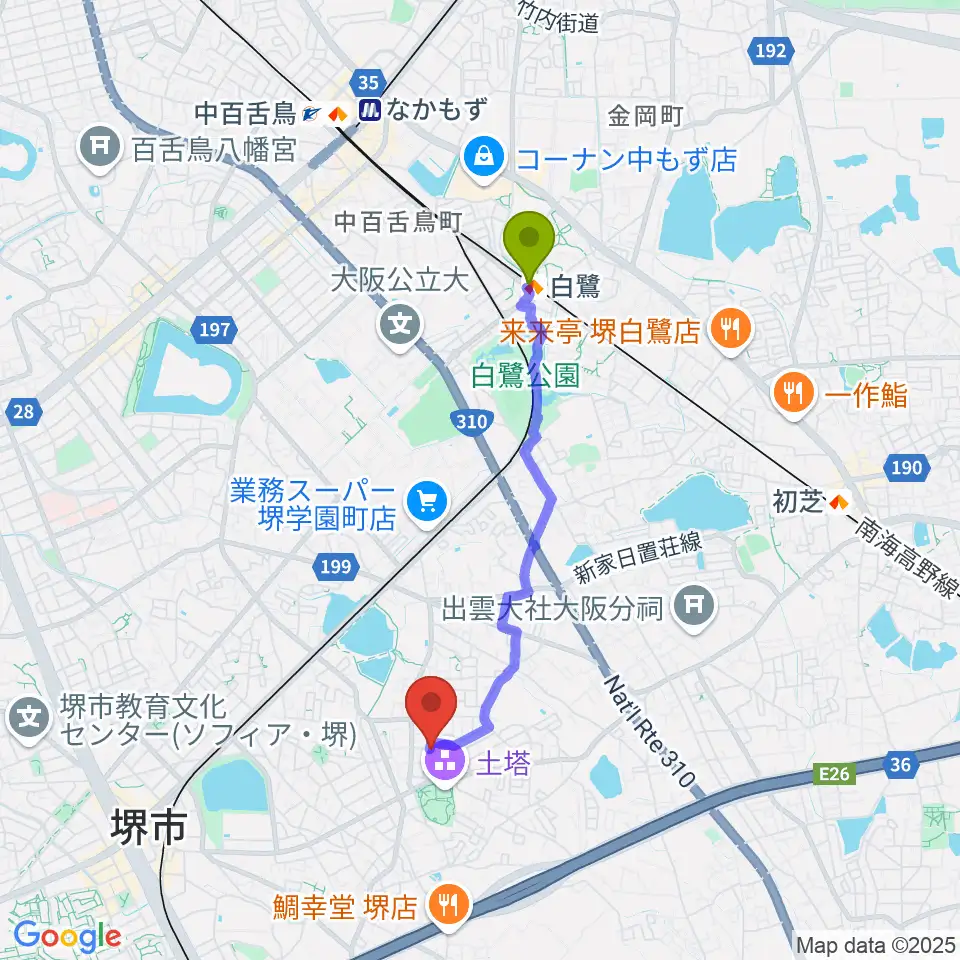 白鷺駅から土塔庵へのルートマップ地図