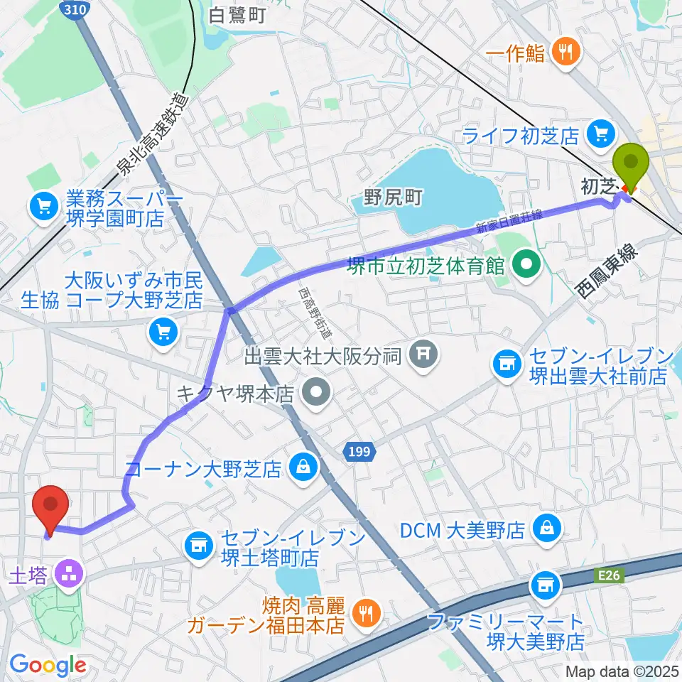 初芝駅から土塔庵へのルートマップ地図