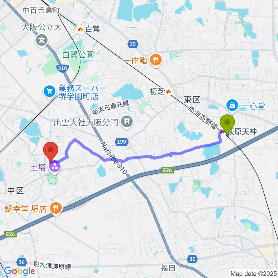 萩原天神駅から土塔庵へのルートマップ地図