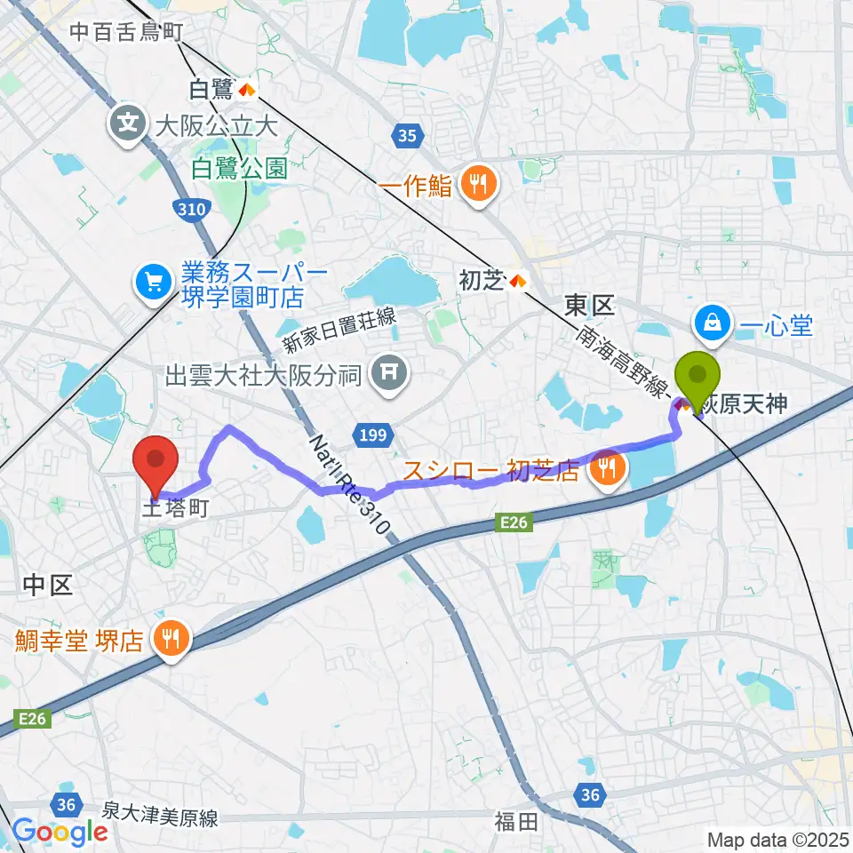 萩原天神駅から土塔庵へのルートマップ地図