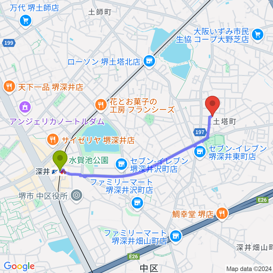 土塔庵の最寄駅深井駅からの徒歩ルート（約19分）地図