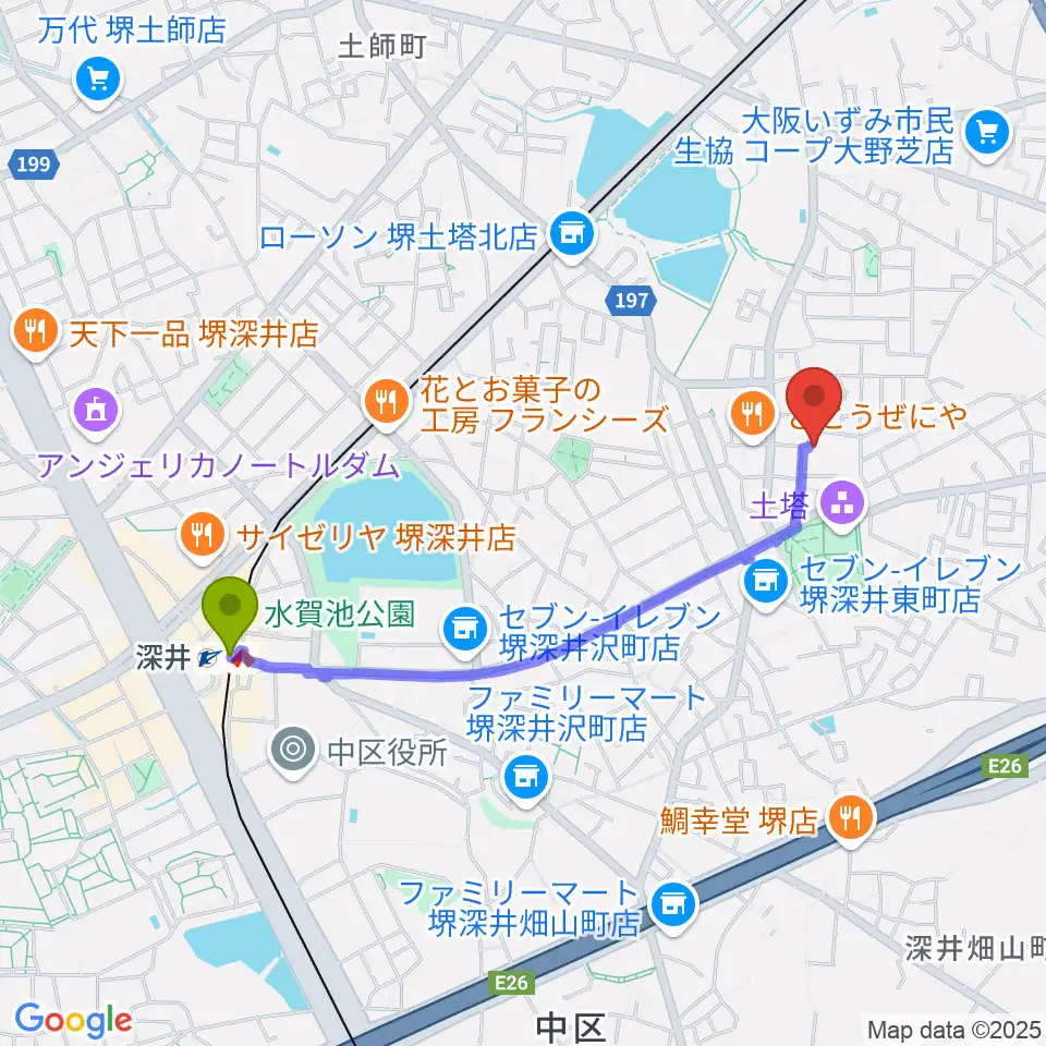 土塔庵の最寄駅深井駅からの徒歩ルート（約19分）地図