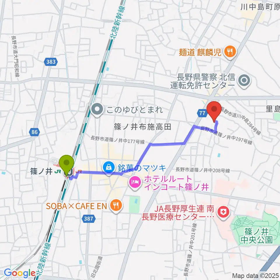 音楽堂 平林の最寄駅篠ノ井駅からの徒歩ルート（約17分）地図