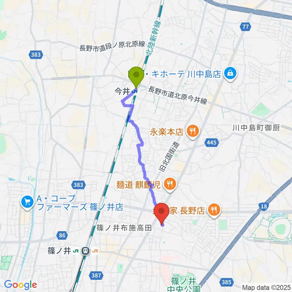 今井駅から音楽堂 平林へのルートマップ地図