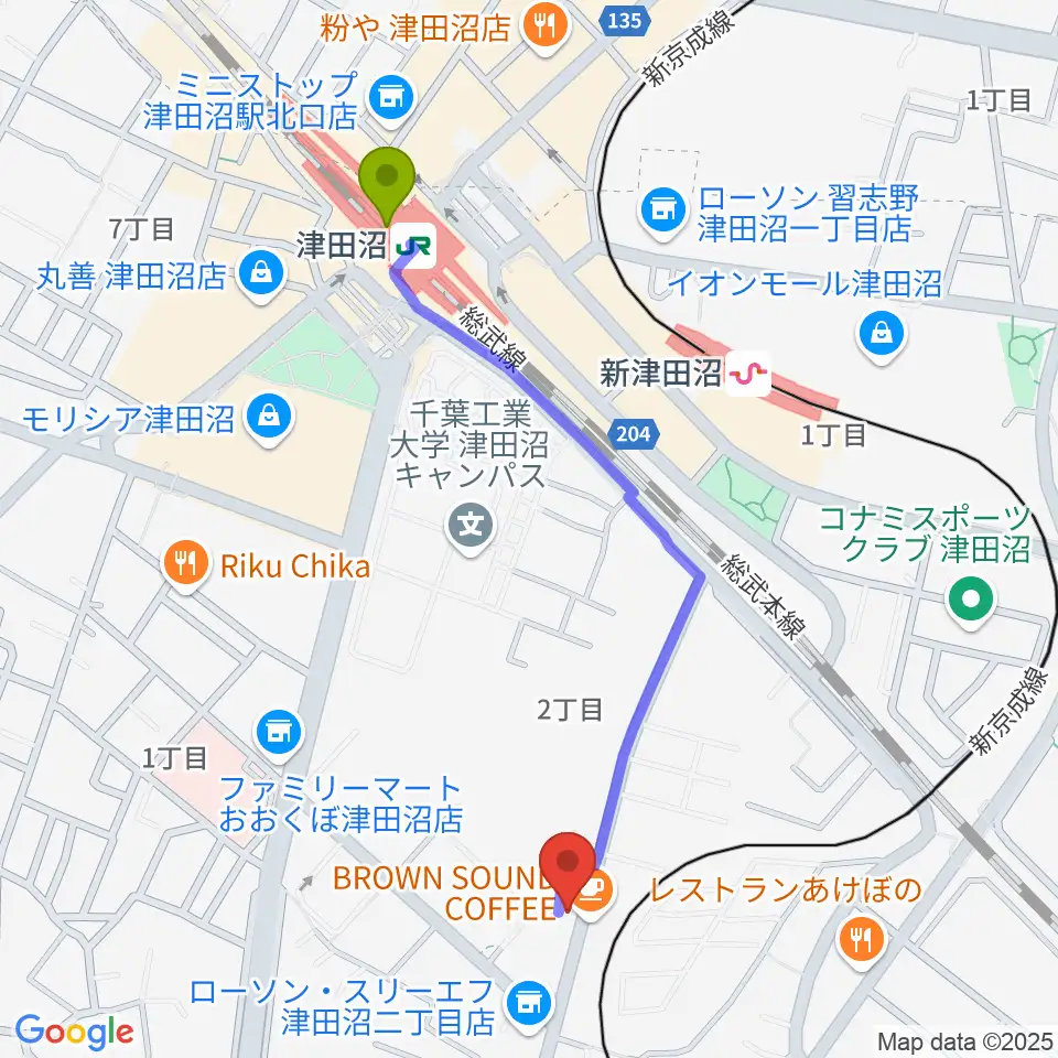 津田沼駅から音楽工房ピアスタへのルートマップ地図