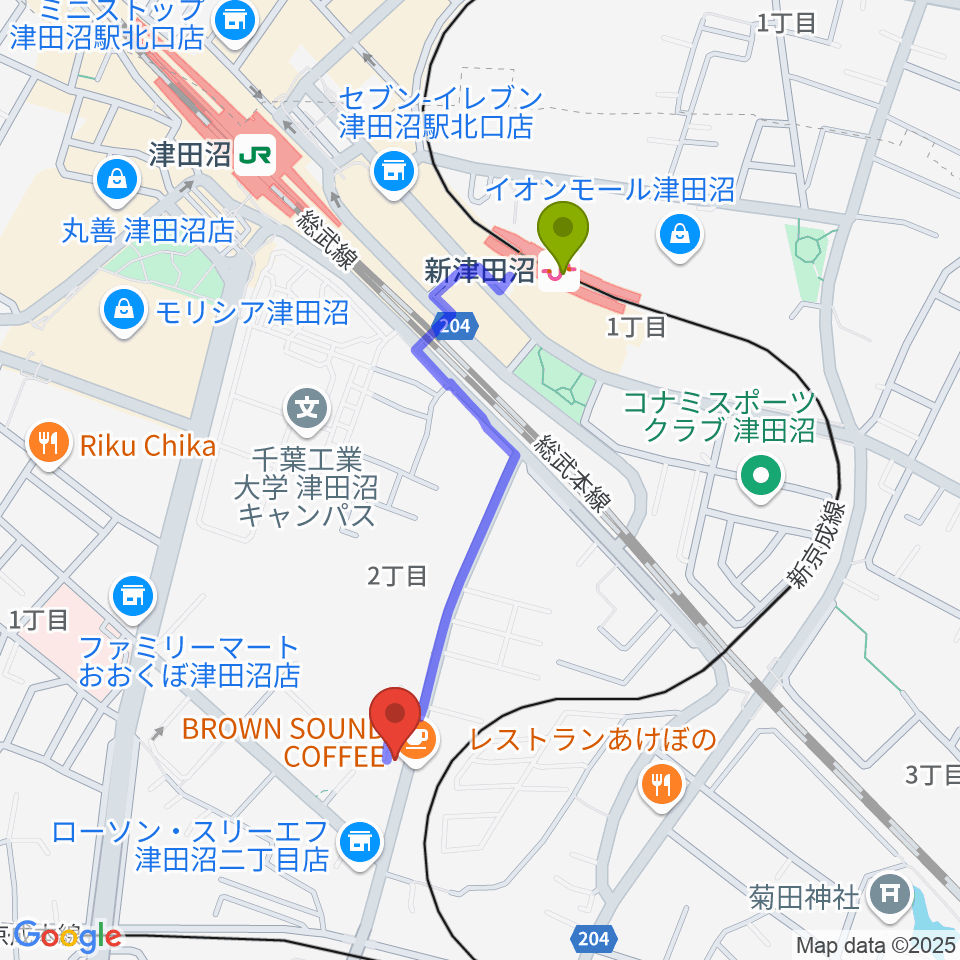 新津田沼駅から音楽工房ピアスタへのルートマップ地図