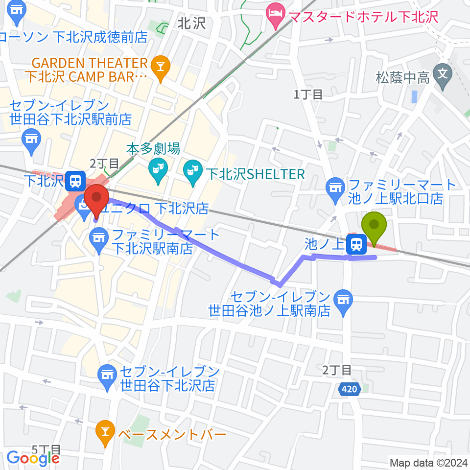 池ノ上駅から下北沢DRUM SONGへのルートマップ地図