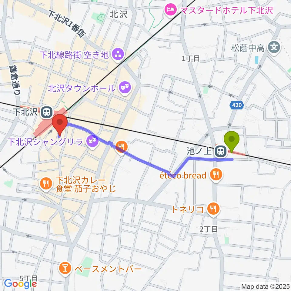 池ノ上駅から下北沢DRUM SONGへのルートマップ地図