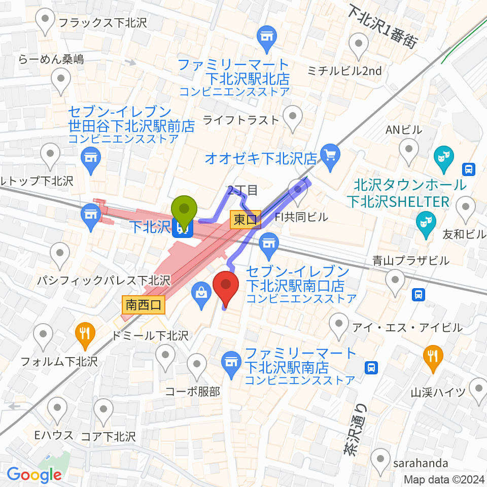 下北沢DRUM SONGの最寄駅下北沢駅からの徒歩ルート（約1分）地図
