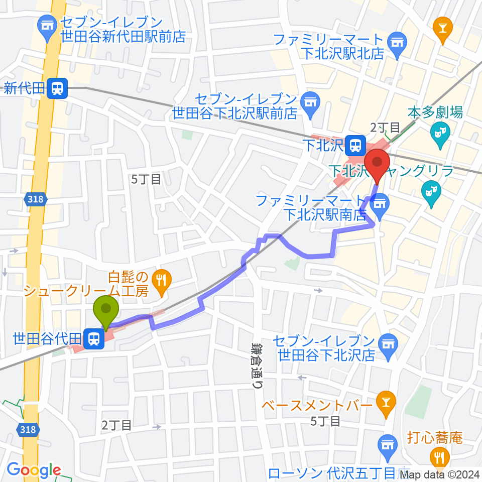 世田谷代田駅から下北沢DRUM SONGへのルートマップ地図