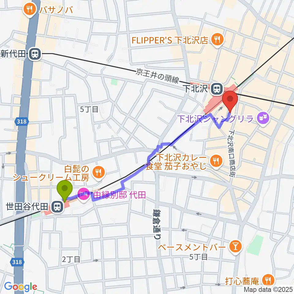 世田谷代田駅から下北沢DRUM SONGへのルートマップ地図