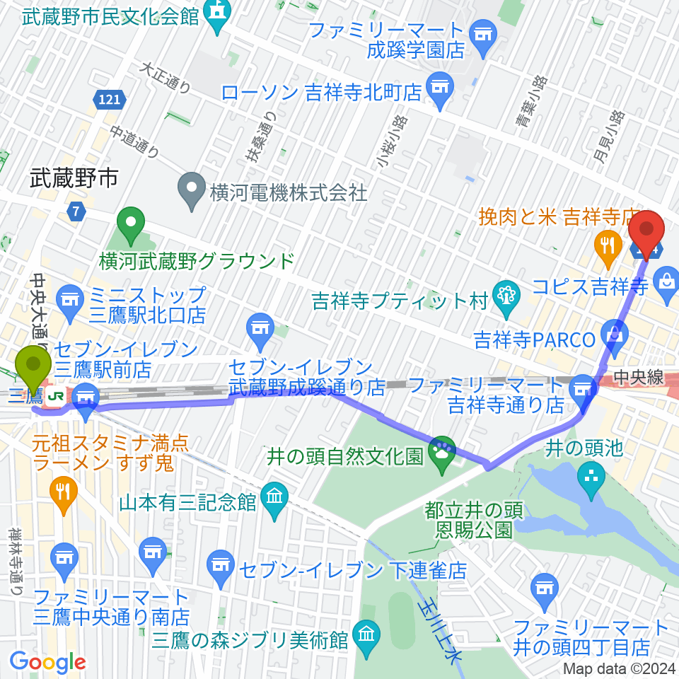 三鷹駅から吉祥寺momo curryへのルートマップ地図