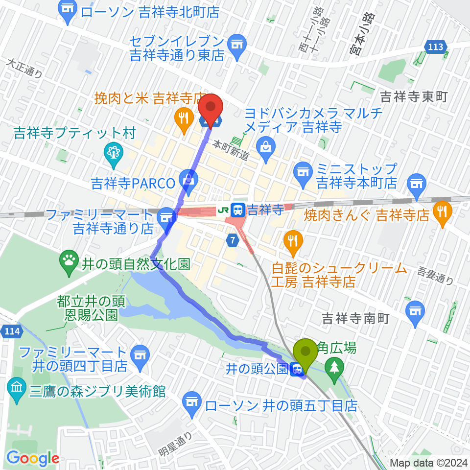 井の頭公園駅から吉祥寺momo curryへのルートマップ地図