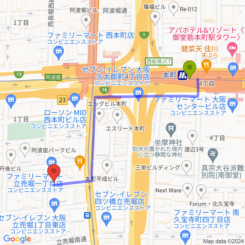 スマイルズミュージックサロンの最寄駅本町駅からの徒歩ルート（約5分）地図